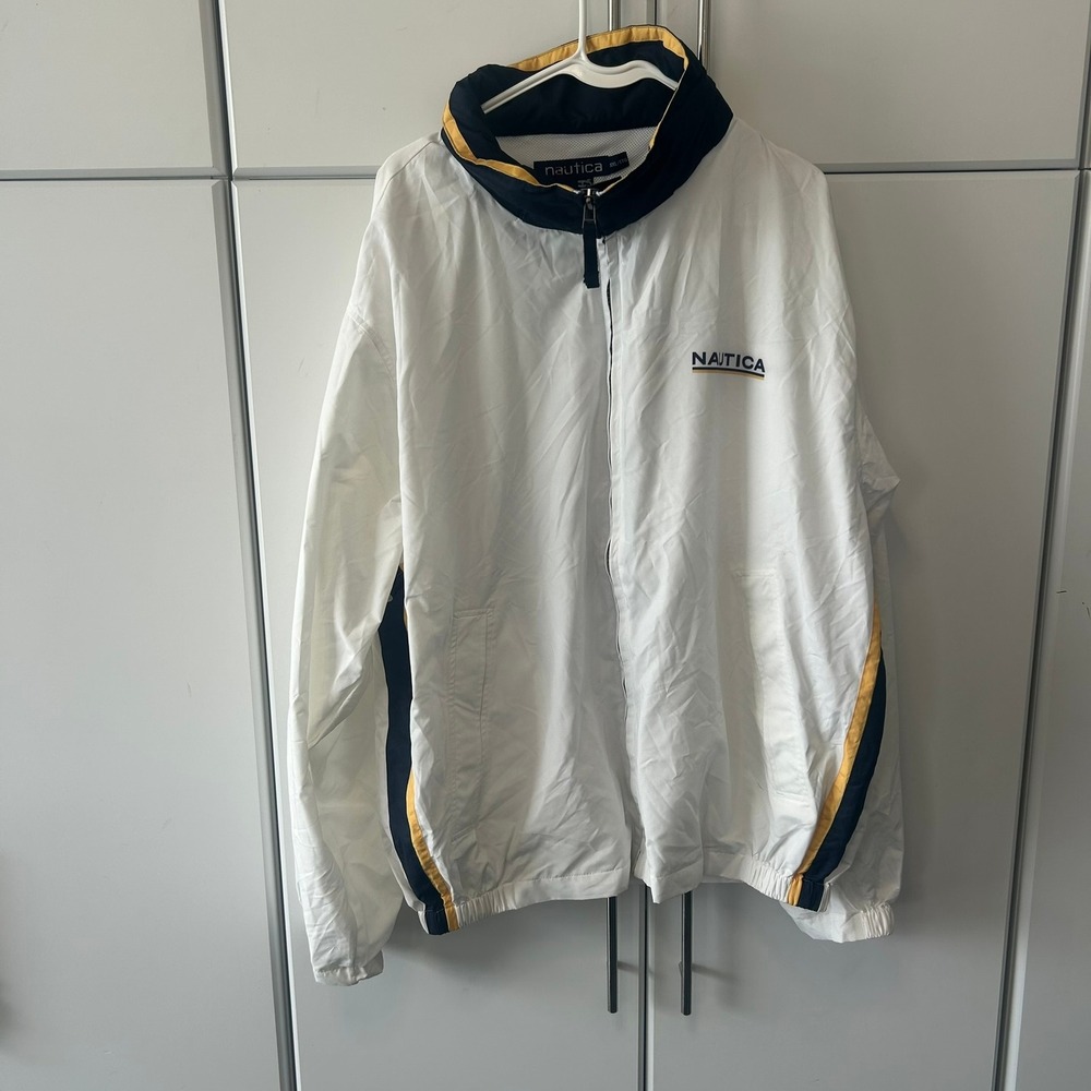 Nautica Mens XXL White Navy Yellow Sailboat Graphic Full Zip Windbreaker Jacket